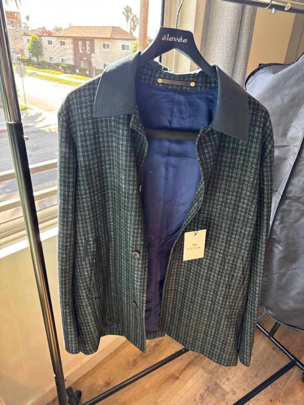 PS Paul Smith Cropped Coat, Navy and Teal Check, Size L, New with Tags